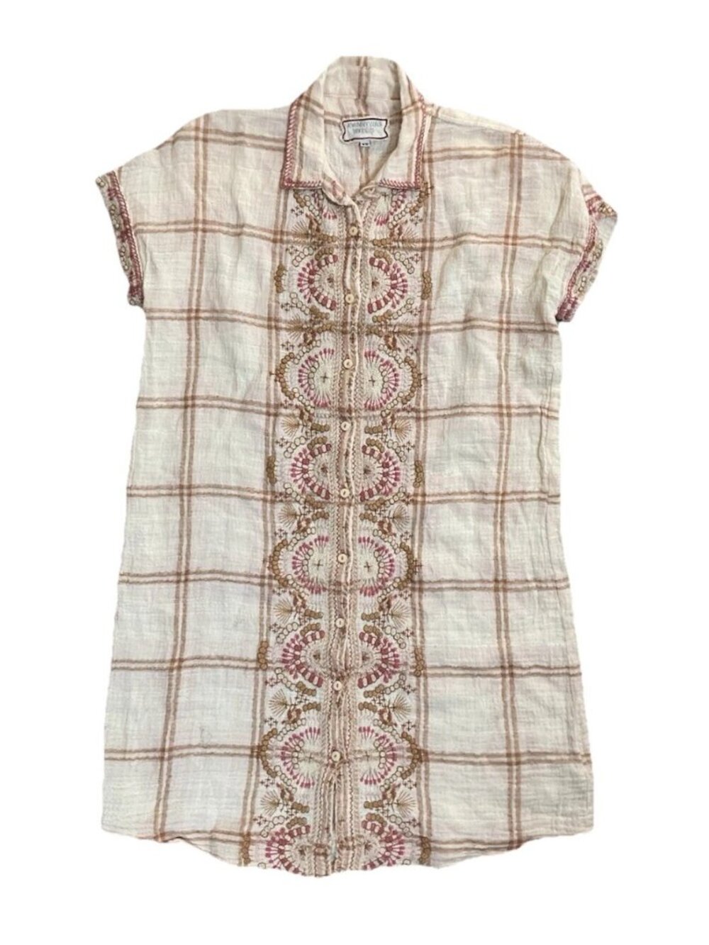 Johnny Was Workshop XS Dress Top Flannel Embroidered Ivory & Pinks Short Sleeve